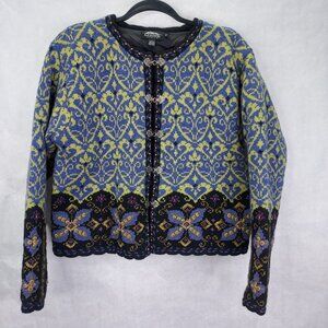 Icelandic Design Cardigan S Wool Embroidered Floral Lined Jacket Metal Clasp VTG